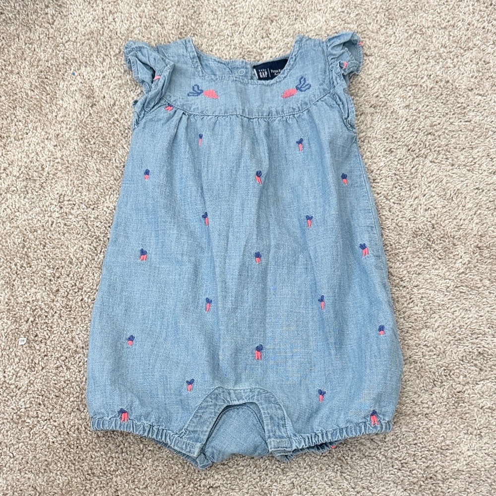 GAP Light Blue Chambray Baby Romper with Pink & Navy Embroidery